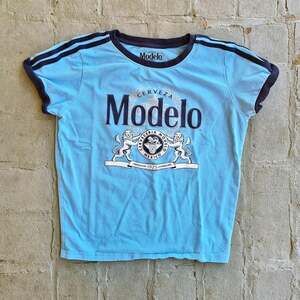 Vintage style light blue cervezamodelo ringer tee